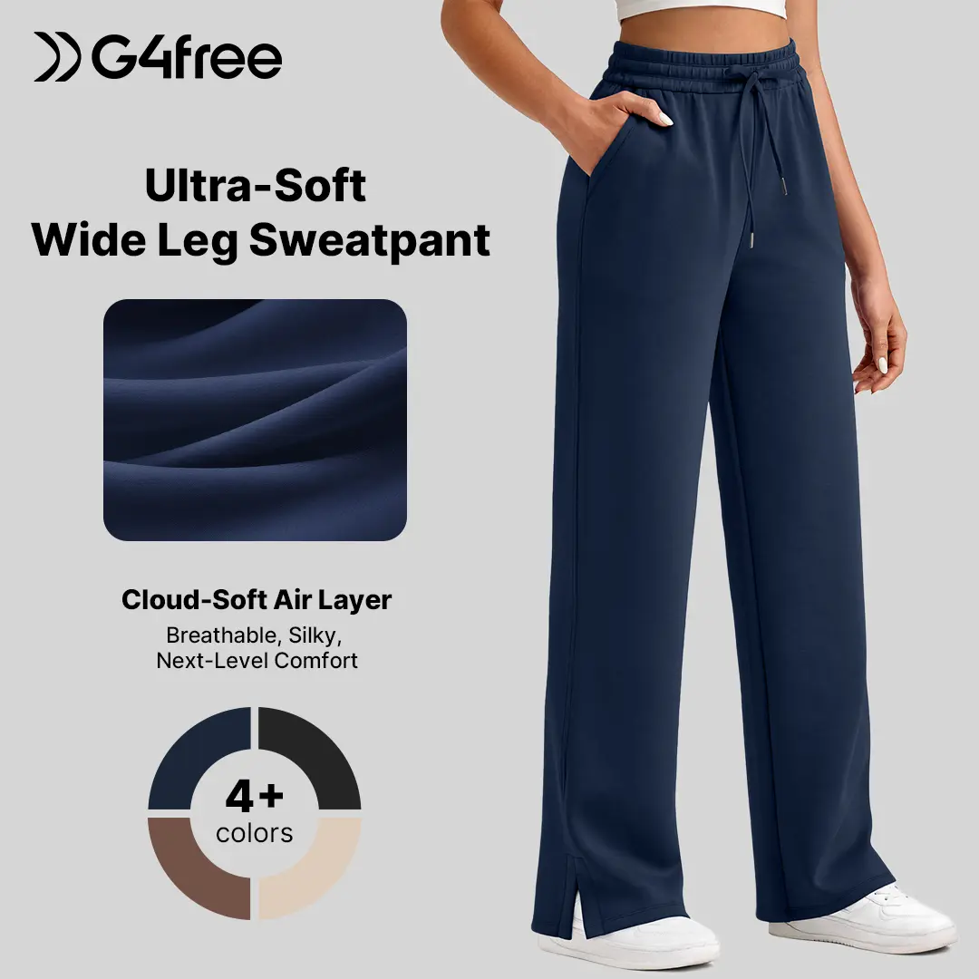 G4Free Smoofit Modal Soft Women's High-Waisted Wide-Leg Sweatpants, Lady's Minimalist Basic Maxi Bottoms with Drawstring, Side Slit, Pockets for Casual Lounging