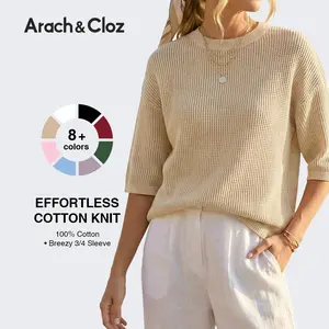 Arach&Cloz Womens 100% Cotton 3/4 Length Sleeve Sweater Crochet Tops Shirts Casual Blouses Resort Wear Summer 2026