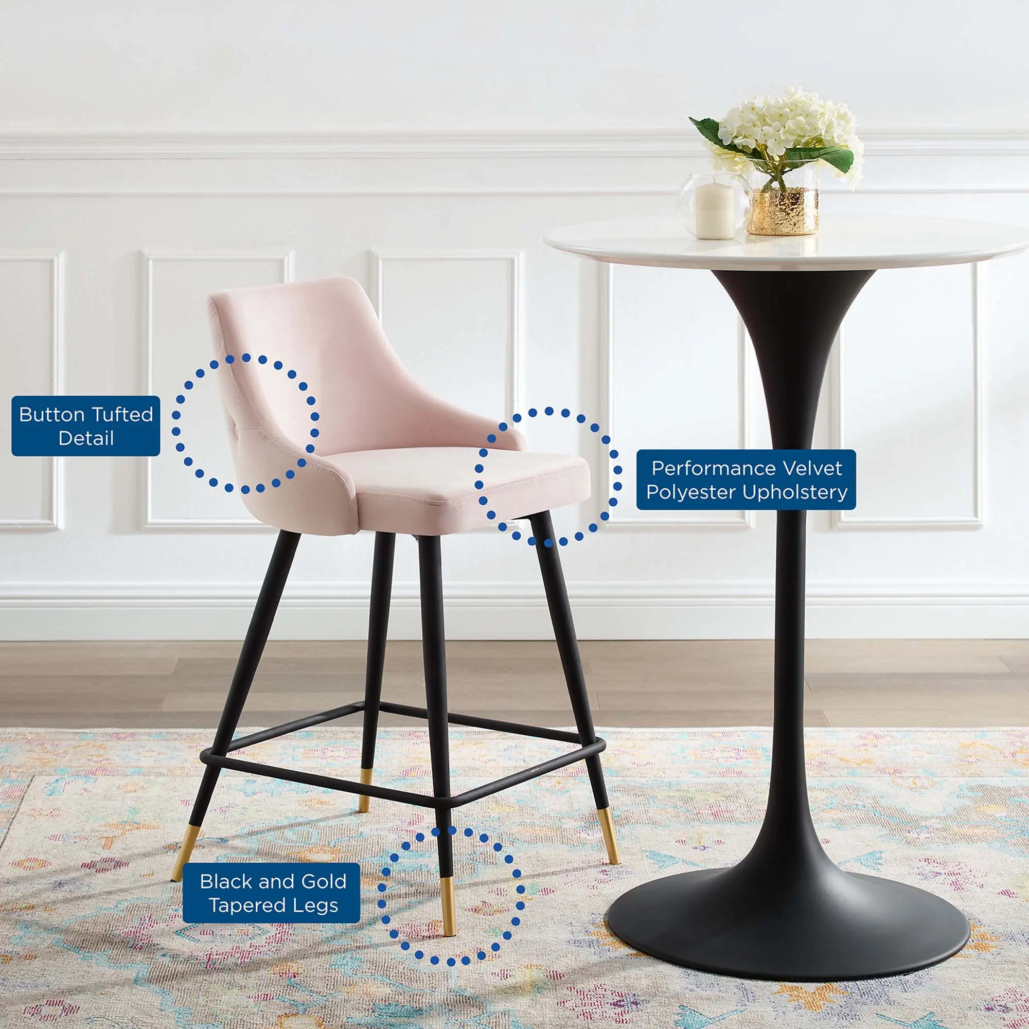Modway Adorn Performance Velvet Upholstered Stool, Pink Modern Upholstered Home Bar Furniture