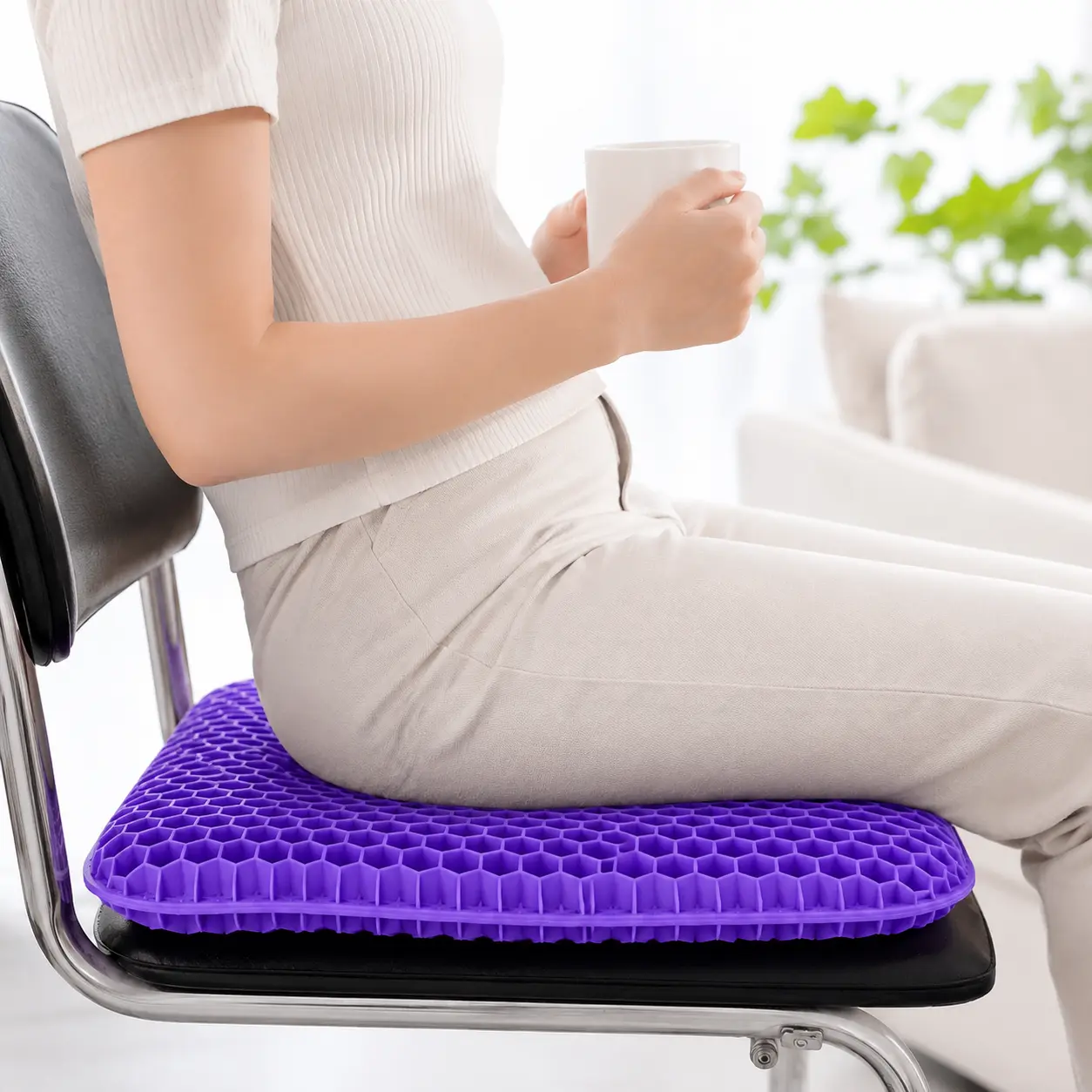 Purple Double-Thick Cooling Grid Gel Seat Cushion (16.5×14.5×1.2 in) with Gel Core, Removable Cover, Ergonomic Pain Relief Cushion Furniture Accessories for Office Desk, Wheelchair, Cooled Seat Furniture Accessories