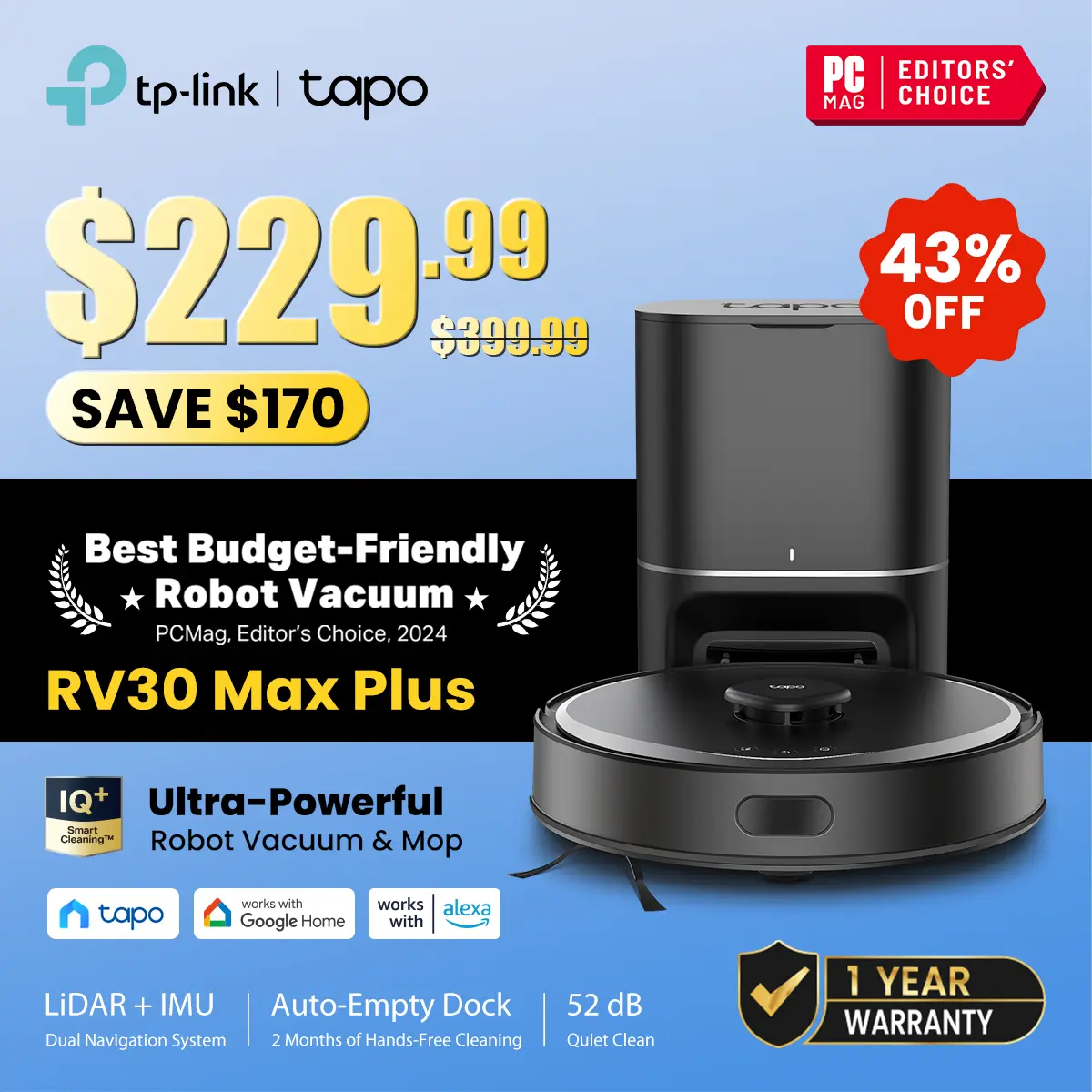 TP-Link & Tapo RV30 MAX Plus: LiDAR Robot Vacuum & Mop with Auto-Empty Dock, 5300Pa,Smart Mapping, Voice Control, 97%+ Dust Pickup, 3L Dust Bag, 2 Months Hands-Free Cleaning,dorm essentials,home essentials,back to school,back to school haul