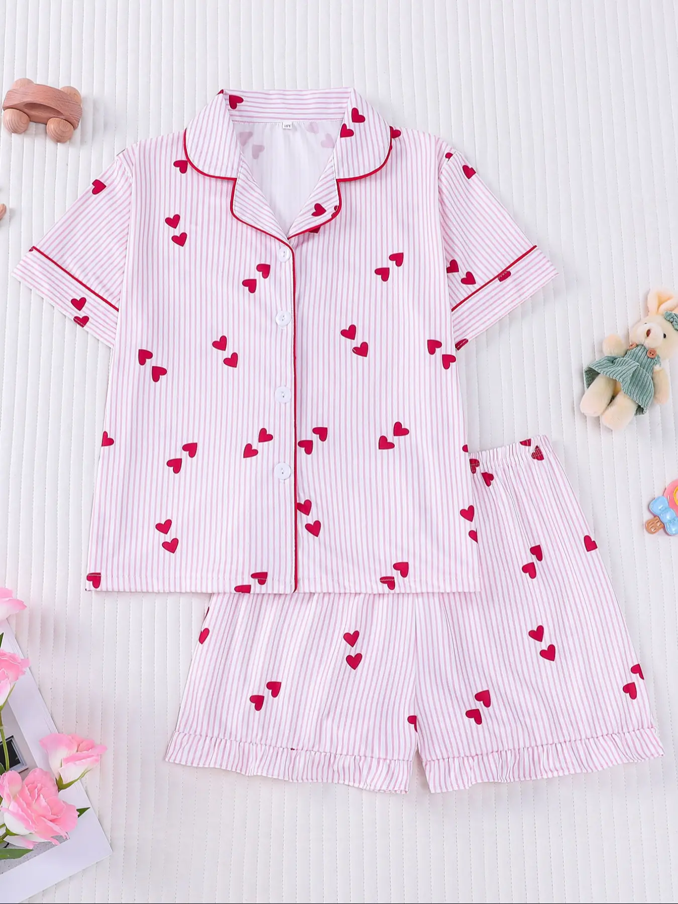 Kids Cute Heart Sleepwear Set, Fire Retardant Button Front Shirt and Elastic Waist Shorts, Casual Home Wear for Girls, Matching Pajamas, Summer Pjs