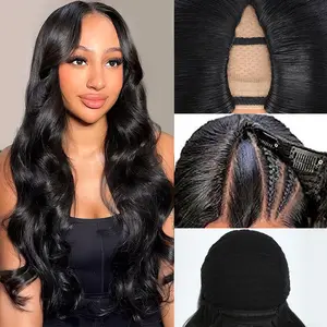 Auvzy V Part Body Wave Wigs No Leave Out Real Synthetic Hair For Women Wear&Go Upgrade U Part Wig Wavy Wigs Body Wave Hairstyle Natural Black #SummerVibe