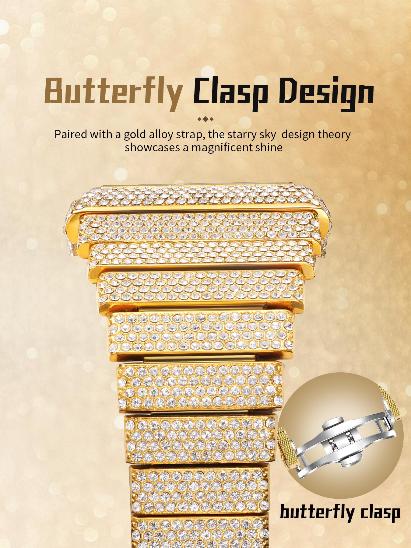 Unisex  Square Synthetic Cubic zirconia  Watch golden & Silver Iced Out Bling Waterproof Luminous Adjustable Perfect Gift for Him & Her LX1082G