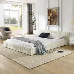 Queen Size Upholstered Bed Frame with Headboard - Luxury Linen-Chenille Fabric, Pleated Design, Solid Platform Base (No Box Spring Needed)