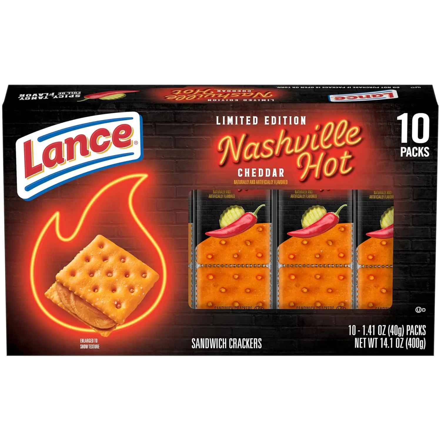 Lance Nashville Hot Cheddar Sandwich Crackers, 10 Pack, Spicy Cheddar Cheese Cracker Sandwich Snacks, Individually Wrapped, On-the-Go Snack