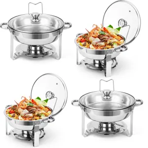 Garvee - Set of 4 kitchen plates for crushing round stainless steel plates with lid holder and glass lid, buffet servers and warmers for parties, weddings, camping