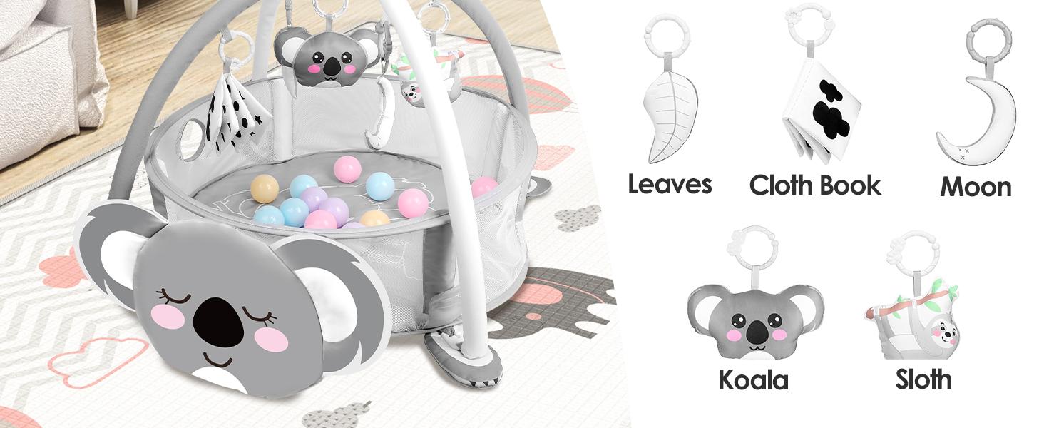 Dearlomum 4-in-1 Baby Play Mat Rainbow Baby Gym Tummy Time Mat for Floor Activity with 30 Balls & 5 Sensory Toys for Newborn Toddler Boy & Girl Gifts - Playpen