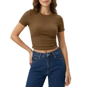 OYV Women's Black Short Sleeve Round Neck Pleated Elastic T-shirt Crop Top Casual Basic Streetwear Summer Workout Top