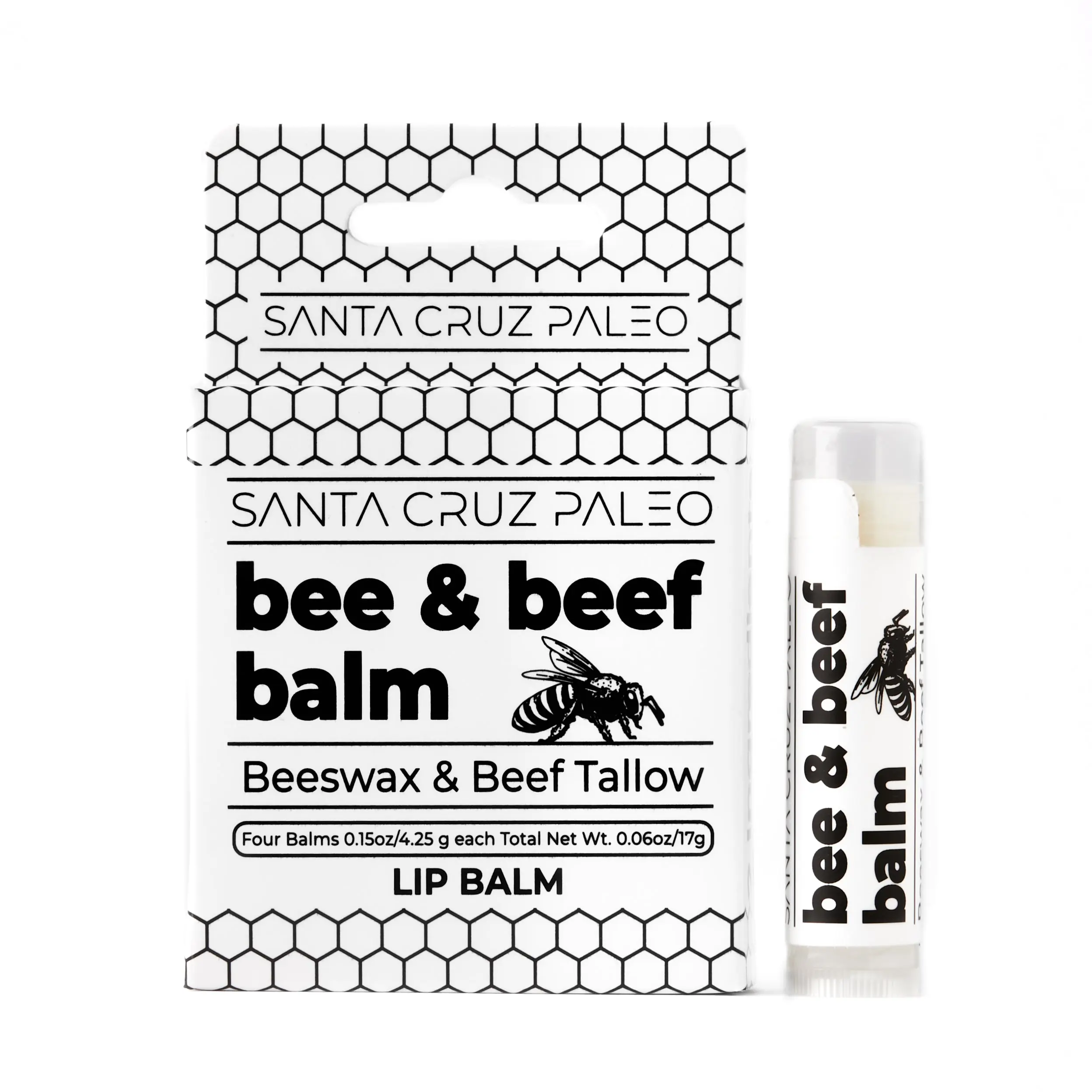 Santa Cruz Paleo Grass Fed Beef Tallow & Beeswax Lip Balm (Unflavored) - 4 Pack - Beef Tallow for Skin Care, Lip Moisturizer, Hypoallergenic for Sensitive Skin, Long Lasting & Vitamin Rich
