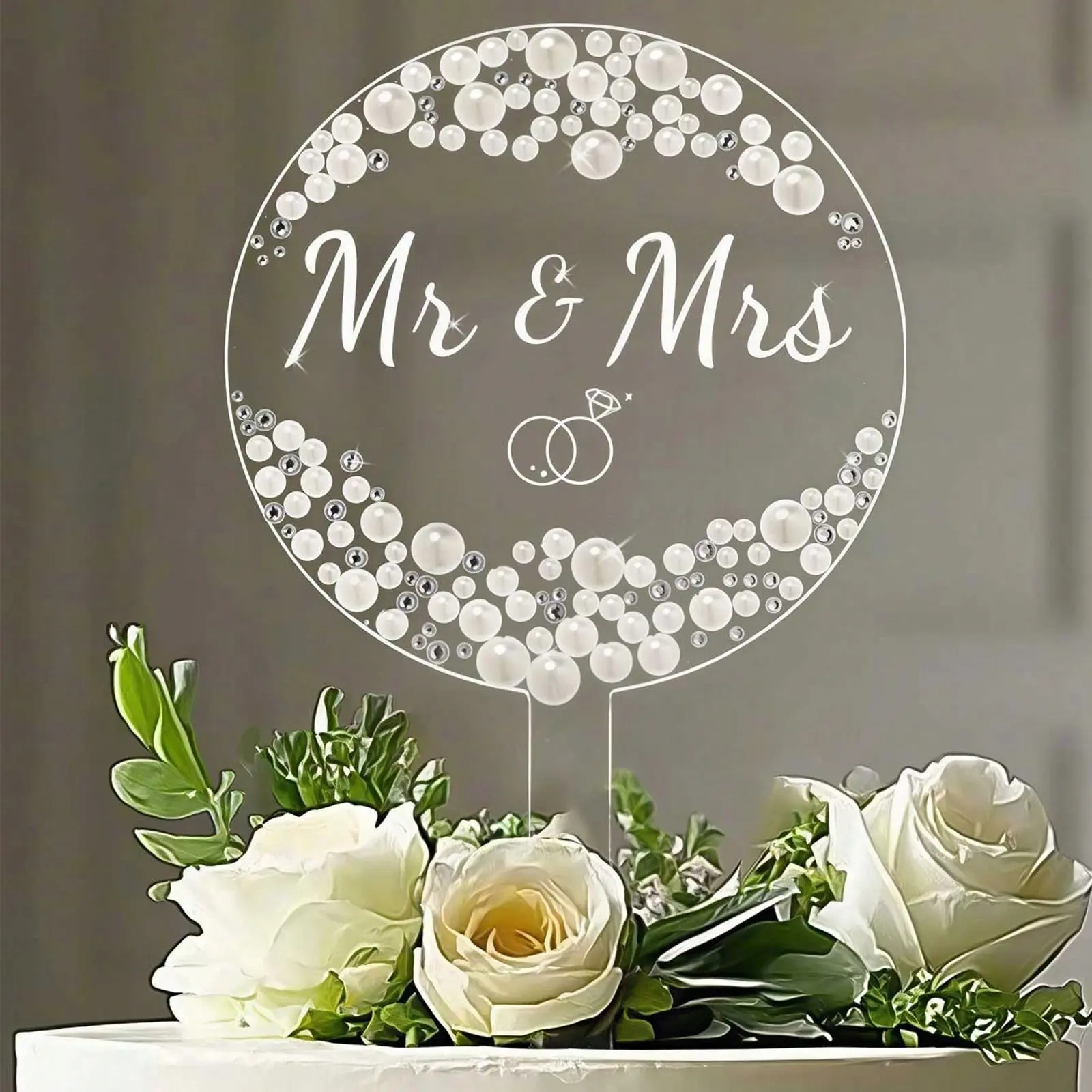 Acrylic Wedding Cake Decorations with Pearls & Rhinestones, Reusable Boho Style Wedding Cake Topper for Engagement, Bridal Shower, Anniversary, Cake Decorating Supplies