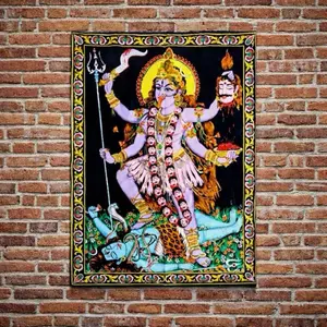 Hand-Painted Goddess Kali Tapestry: Hindu Religious Art