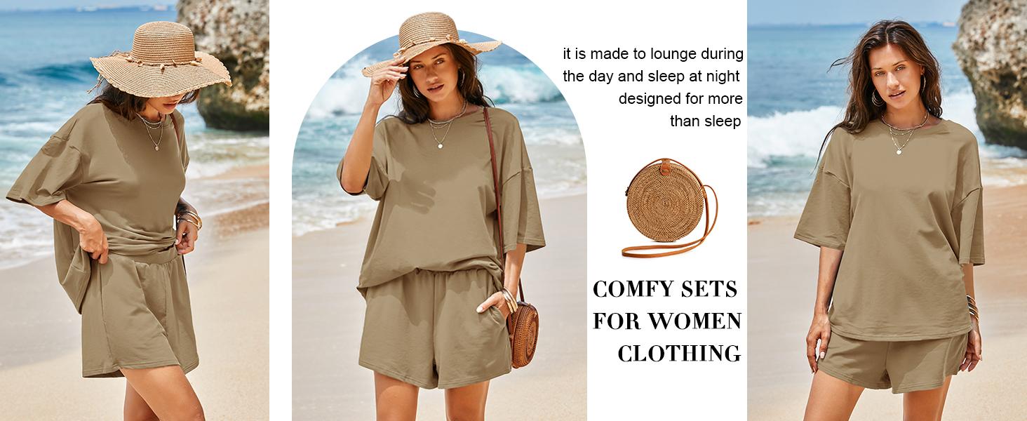 Tankaneo Womens Pajama Sets 3/4 Sleeve Oversized Tops and Elastic Waist Shorts Lounge Sets Loungewear