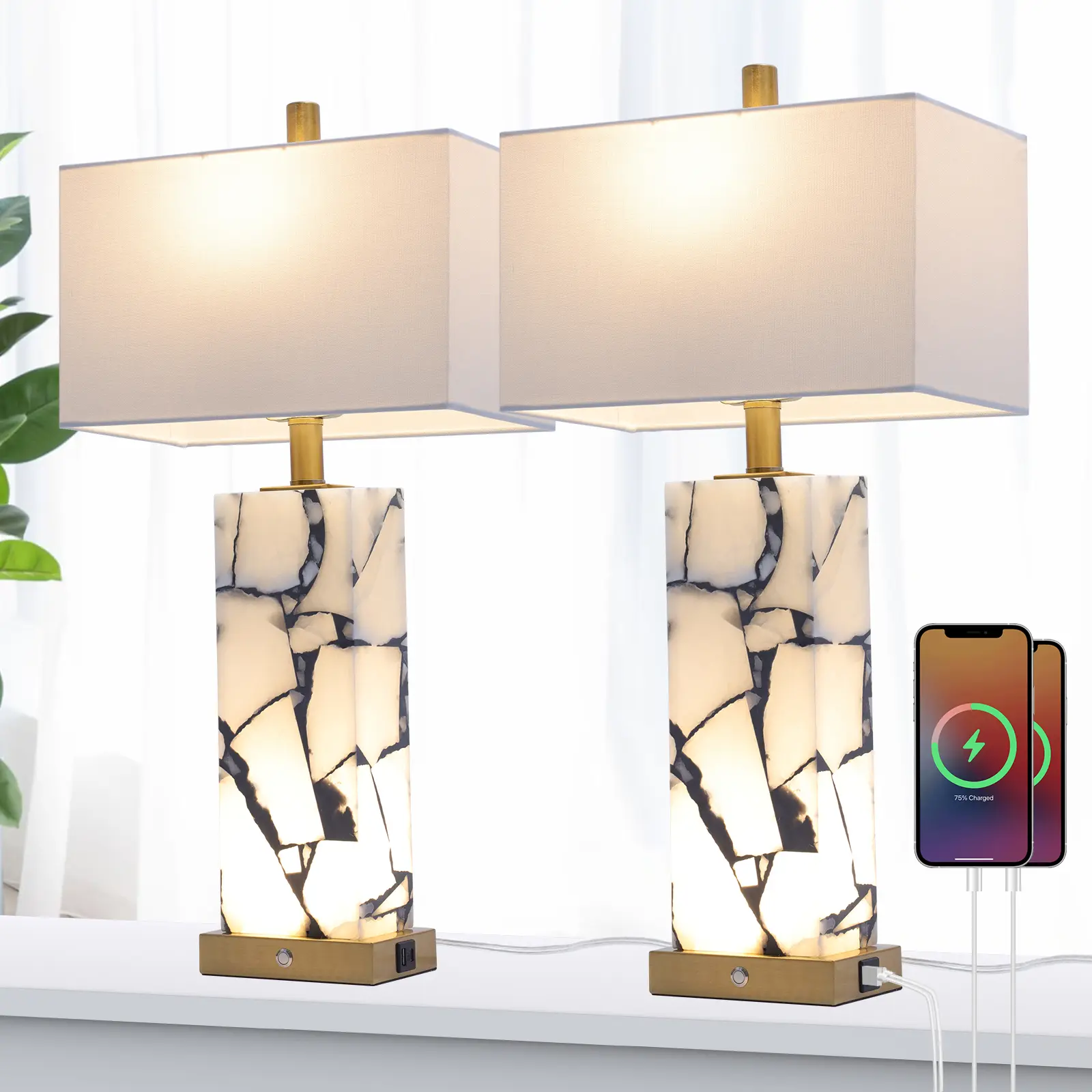 DEMILARE 2-Piece Natural Marble Alabaster LED Table Lamp Sets - 3-Color Temperature, Nightlight Mode, Fastcharging USB Ports, AC Power Supply, Adjustable Modern Artistic Novelty Led Light for Home Bedroom House Decor,BackToSchool