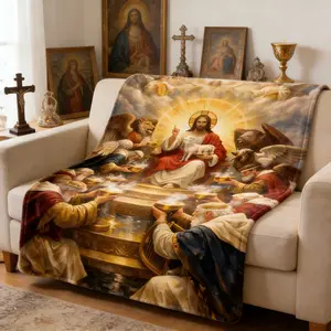 Jesus Christ Lamb of God Revelation Flannel Throw Blankets, Soft Cozy Plush Devotional Gift for Christian Spaces, Warm Religious Art Design Blanket for Bedroom Prayer Use