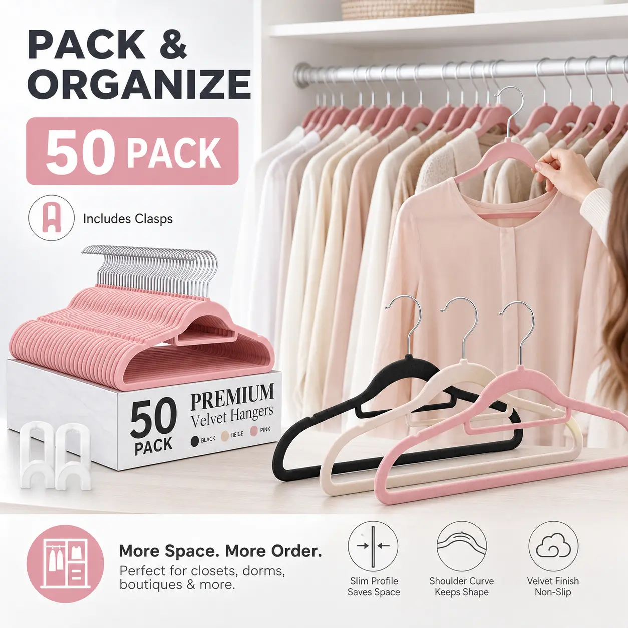 50/20/10pcs, Premium Velvet Non-slip Hanger with Tie Bar, 360° Swivel Hook, Space-saving, Durable, Suitable for Indoor Storage, Outdoor Drying, Clothing Display, Standard Hanger, Wardrobe Storage, Organization And Storage Organiser