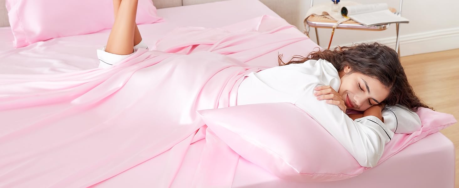 Satin Sheet Sets -  Silky Sheet Set with Deep Pocket, Luxury Silk Feel Satin Sheets for Bedding Set ( Flat Sheet, Fitted Sheet, Pillow Cases)
