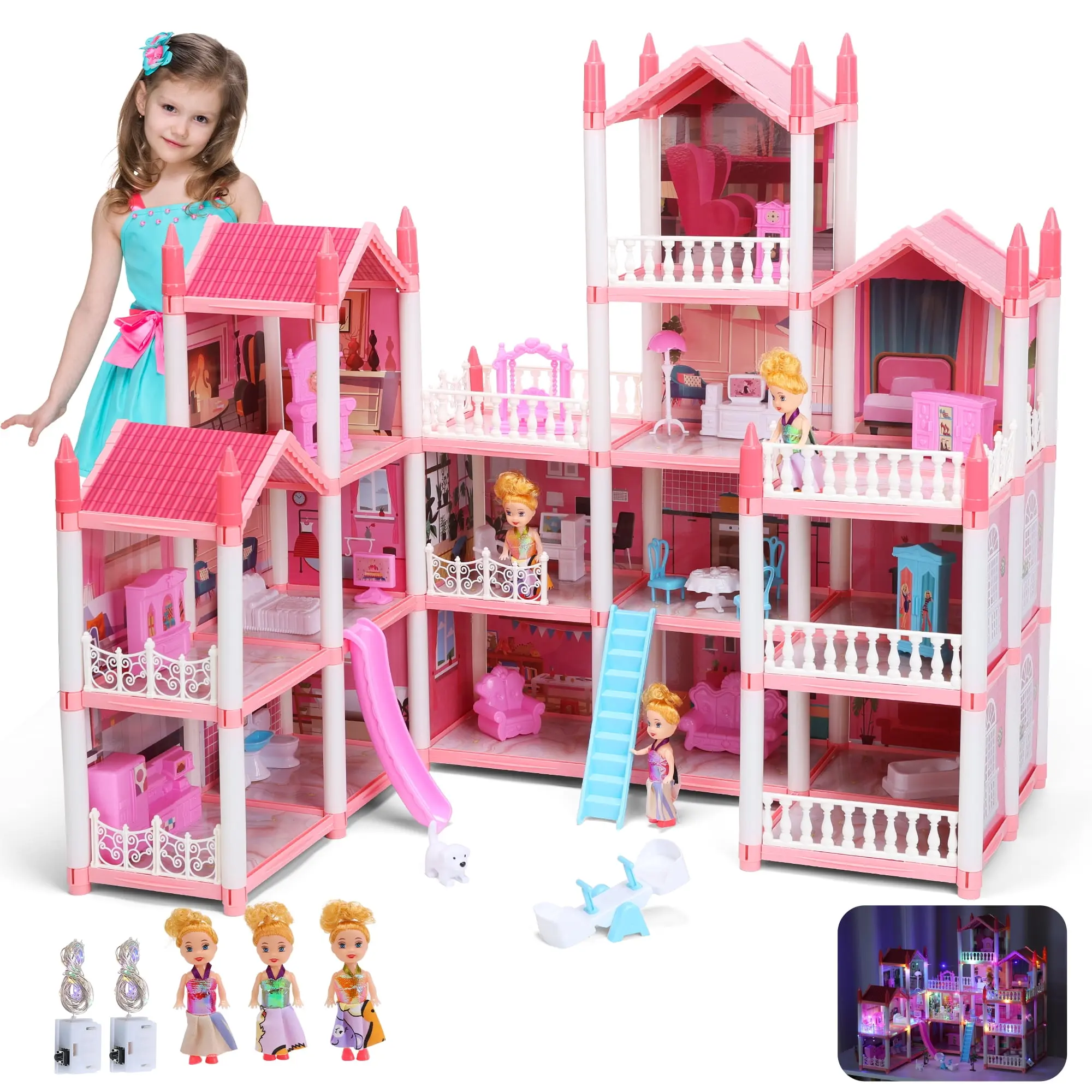 CUTE STONE 16-Room Pink Dollhouse Play House Set for Girls Ages 3+, Kids Toys with Furniture, Accessories, Colorful Lights, 3 Dolls, Role Play Set, Pretend Playhouse, Assembly Required (25in × 18in × 29in), Miniature Houses#backtoschool #sohochic