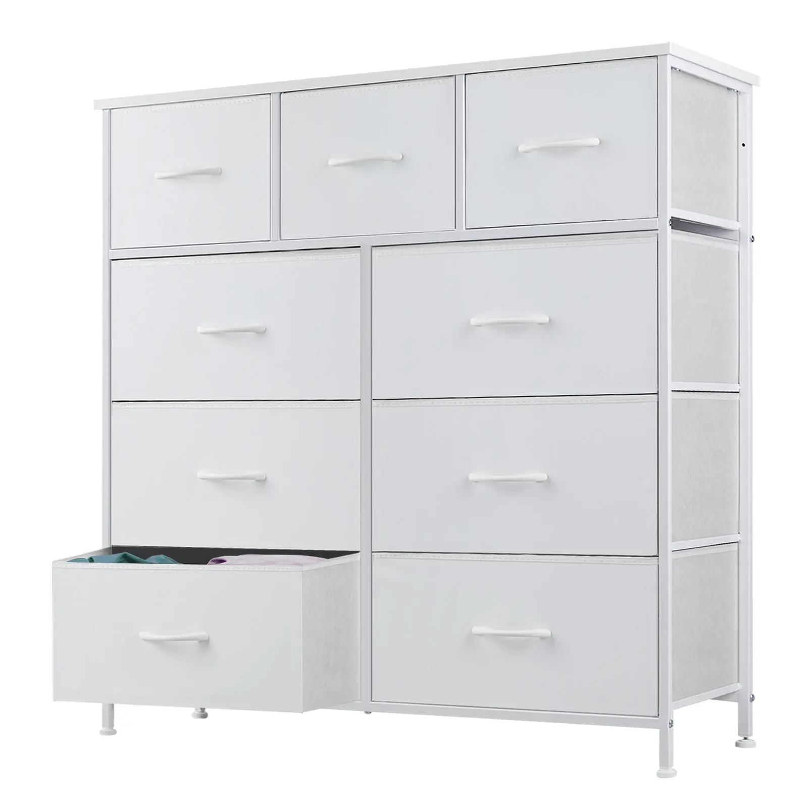 Fabric Storage Tower with 9 Drawers,  Chest of Drawers with Fabric Bins,Bedroom Drawer Dresser Organizer, Steel Frame and Wood Top