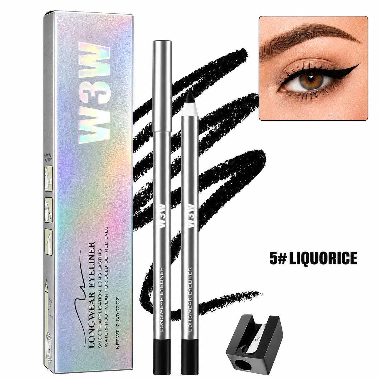 Longwear Eyeliner - Lightweight Waterproof Vegan Technology,Sharpenable eyeliner pencil with built-in sharpener, holographic outer packaging professional beauty tool bold color,back to school