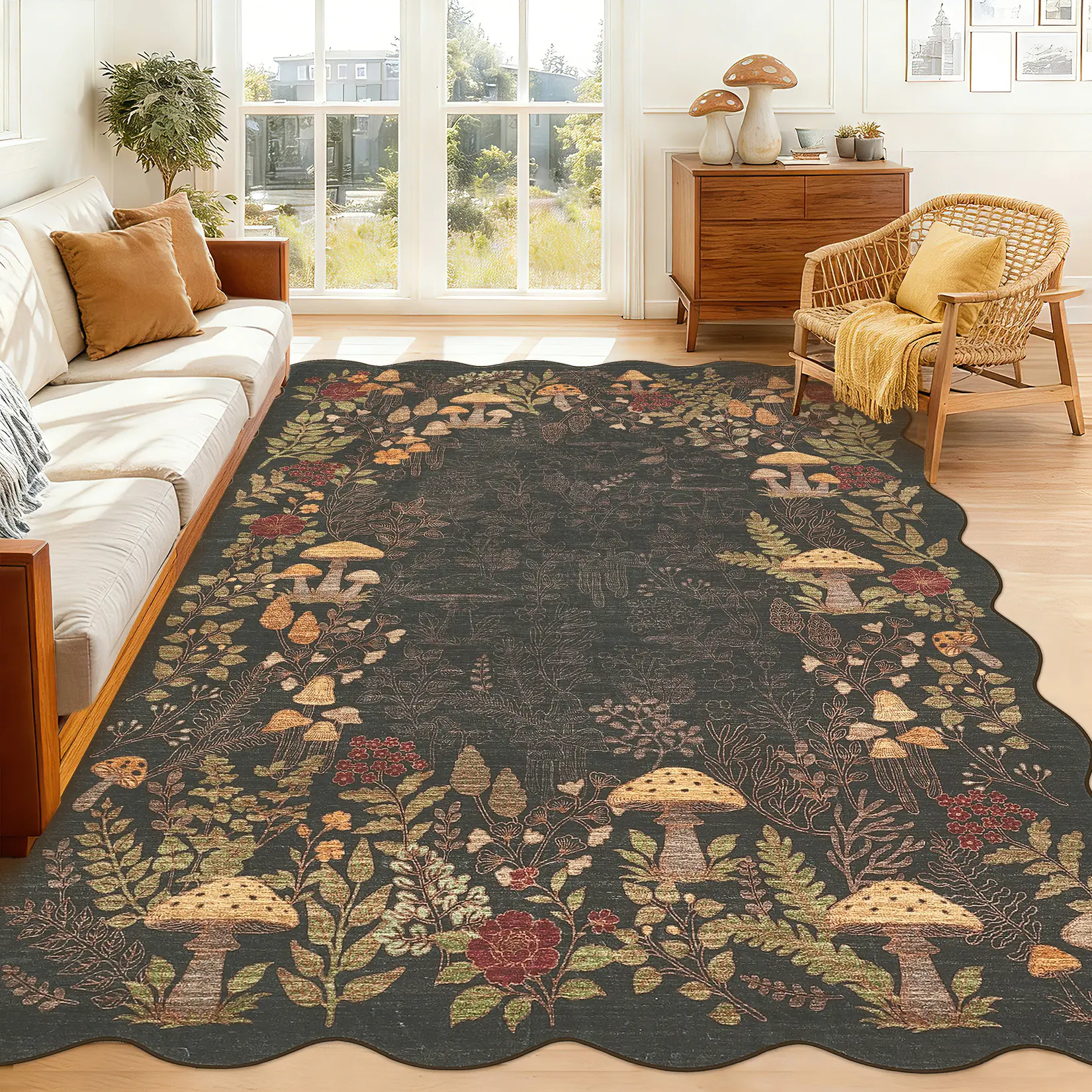 Fan-shaped Floral Border Rug Mushroom Pattern Printed Rug Washable Area Rug Ultra-thin Foldable Interior Decorative Rug Low-pile Non-shedding for Bedrooms Dining Rooms Offices Game Rooms Restaurants and Apartments