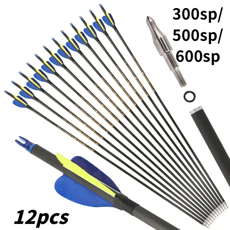 12pcs pure carbon arrow 300sp/500sp/600sp id6.2mm with arrow target head composite bow recurve bow arrow archery training novice veteran general purpose