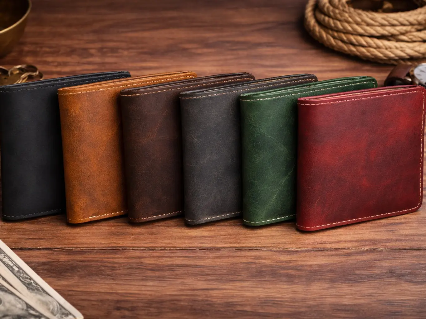 Full Grain Leather Bifold Wallet for Men – Distressed Vintage Leather Wallet with ID Window