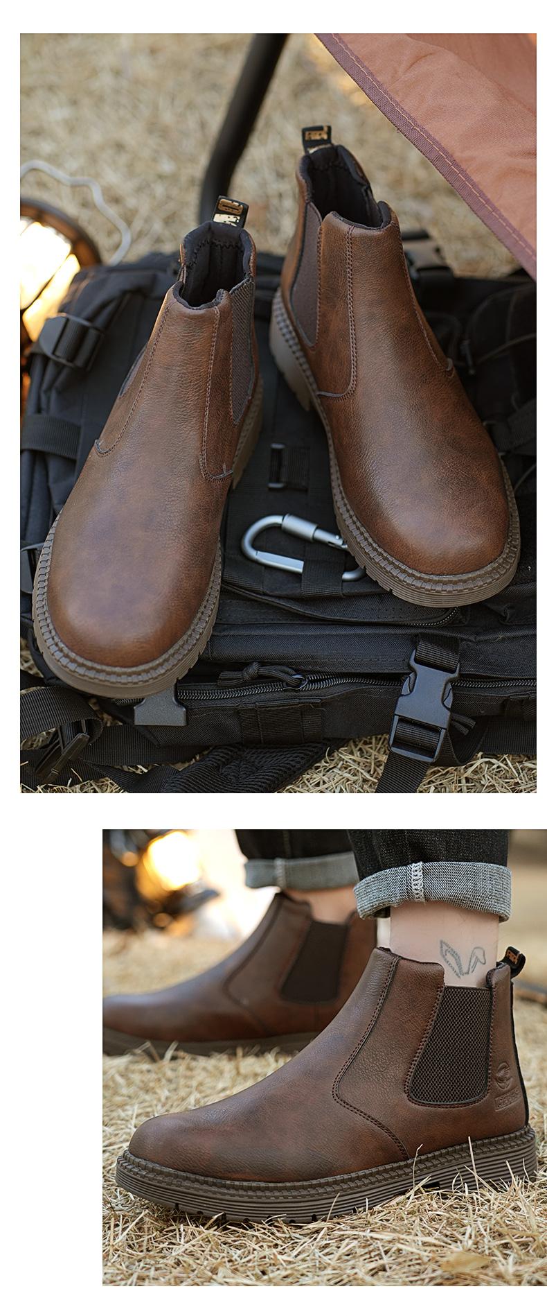 Men's steel-toe sports non-slip work shoes, high-top leather safety boots, have protective functions like anti-smashing and anti-piercing. They are footwear products, Fathersdaygift Boy Closed Bathroom Brown