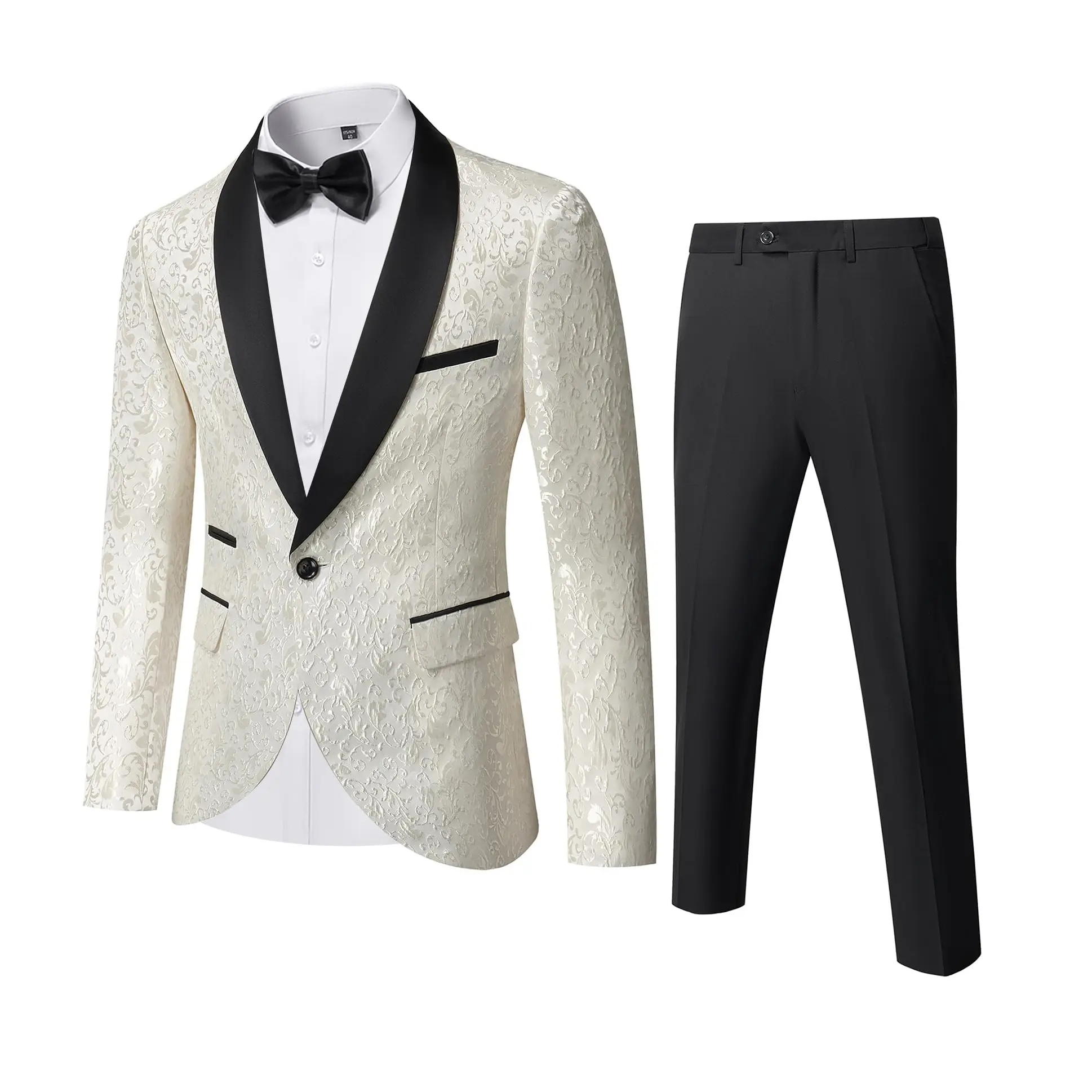 Men's 3-Piece Shiny Jacquard Fabric Tuxedo Suit - Regular Fit Stretch Formal Wear with Peak Lapel, Button Closure, Expert Tailoring, Korean Style, Matching Bow Tie for Weddings, Proms - No Above-the-Knee Design, Elegant Menswear Attire
