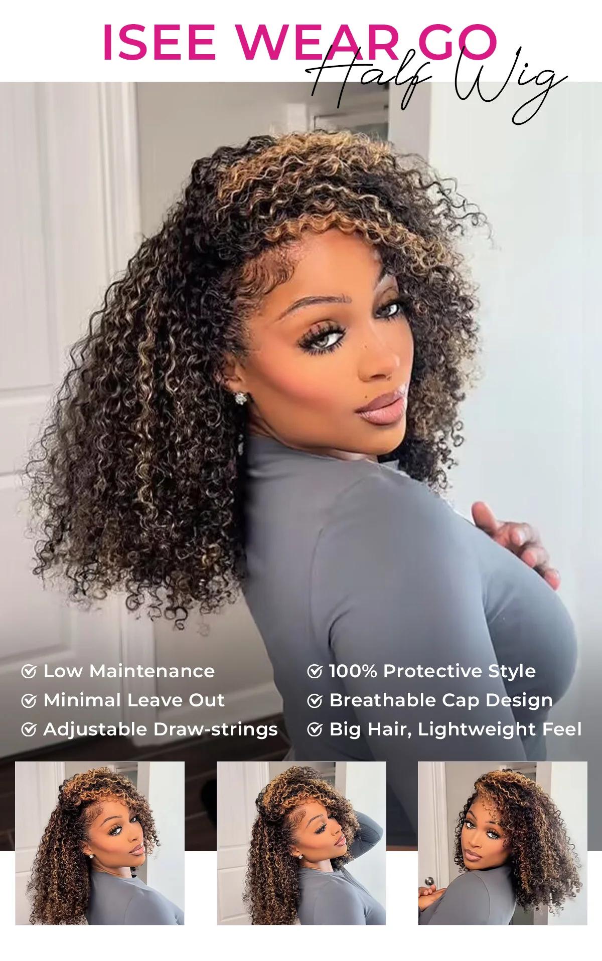 ISEE HAIR Glueless Human Hair Half Wig - Highlight Brown Kinky Curly, InvisiFit Strap Invisible Drawstring Flip Over, Knotless Braided Wig,Adjustable Fit, Seamless Hairline, Beginner Friendly, Vacation Summer Use#SoHoChic #TikTokShopBackToSchool