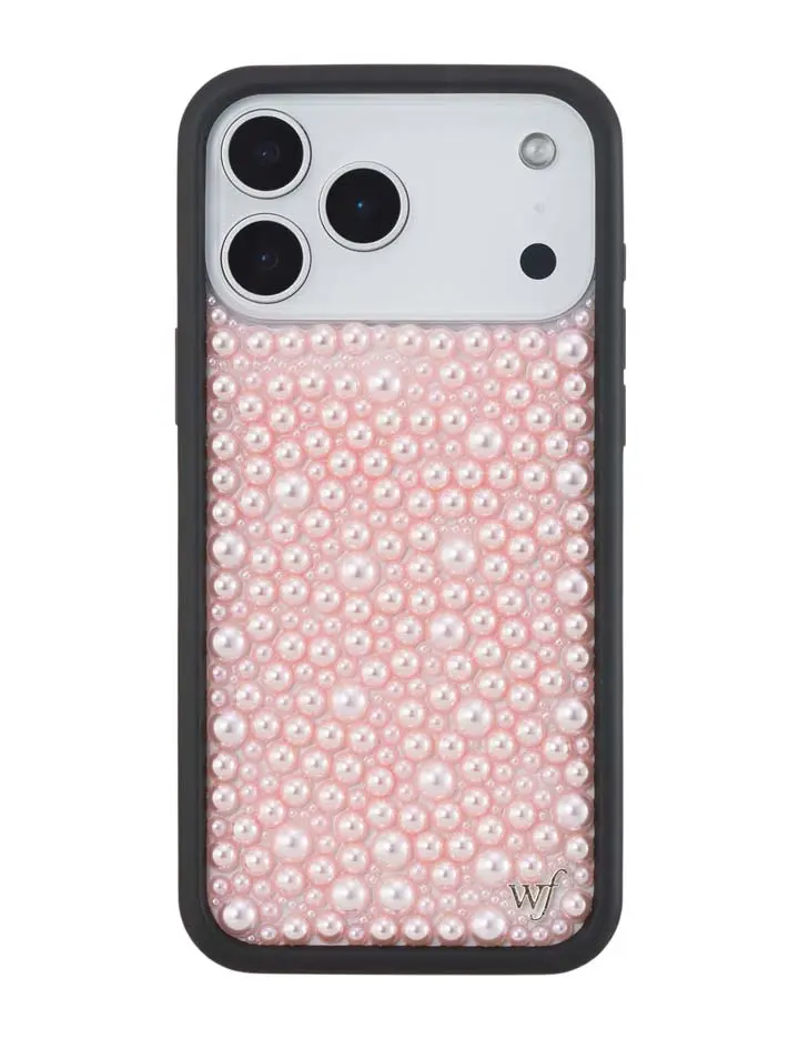 Pink Pearl | Limited Edition Trendy iPhone Case | Raised Protective Black Bumper | Women Owned Small Business | Shiny Pink and White Pearls Sparkly Background | Safety Casing Protective | Gift for Her