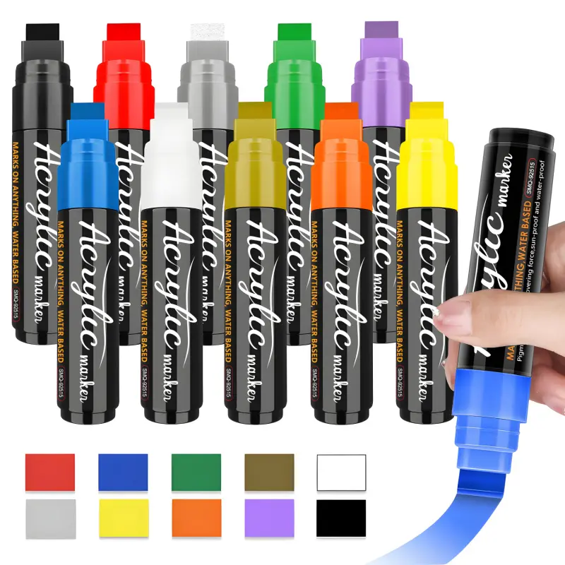 Acrylic Paint Markers, 10 Colors Poster Markers Jumbo 15mm Wide Tip Permanent  Large Capacity Ink , Thick Acrylic paint pens for Poster, Graffiti, Glass, Rock Painting, Stone, Wood, Car, Ceramic, Fabric, Art Marker Pen Acrylic Drawing Markers