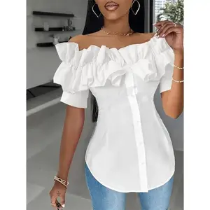 Layered Ruffle Off-Shoulder Top, Elegant Single-Breasted Slim Shirt for Spring and Autumn, Women's Fashion Polyester Womenswear Casual Fabric