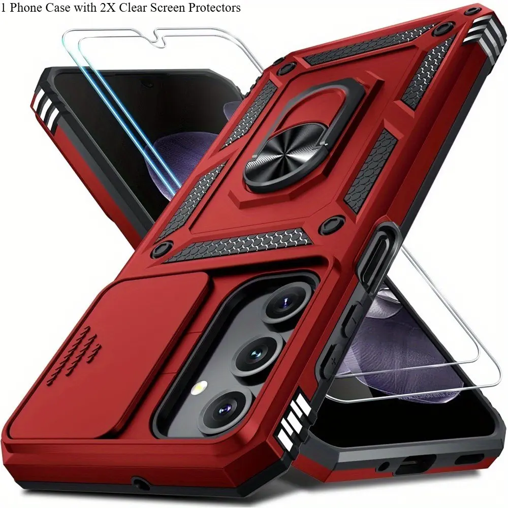 3 PCS, 1 Phone Case with 2X Clear Screen Protectors, Shockproof Case For Samsung Galaxy A14 A16 A34 A54 4G/5G A55 A56 Slide Camera Lens Protection Ring Stand Lightweight Shockproof Cover, Mobile Phone Accessories