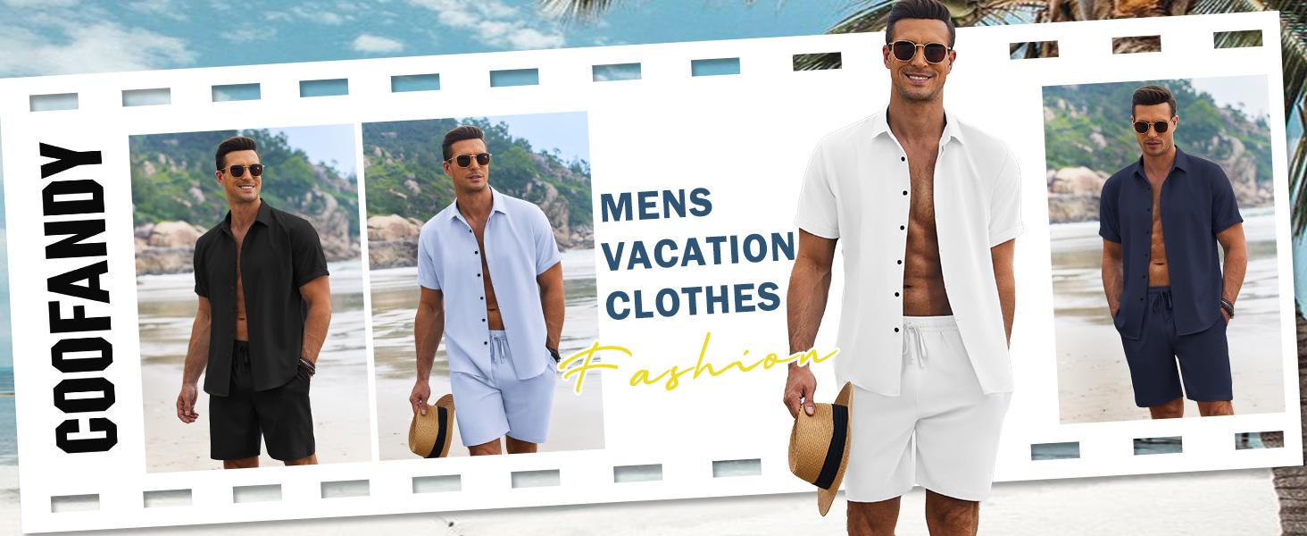Coofandy Men's Summer Beach Outfit 2-Piece Short Sleeve Shirt & Shorts Set in Premium Linen Texture Fabric for Vacation & Casual Wear