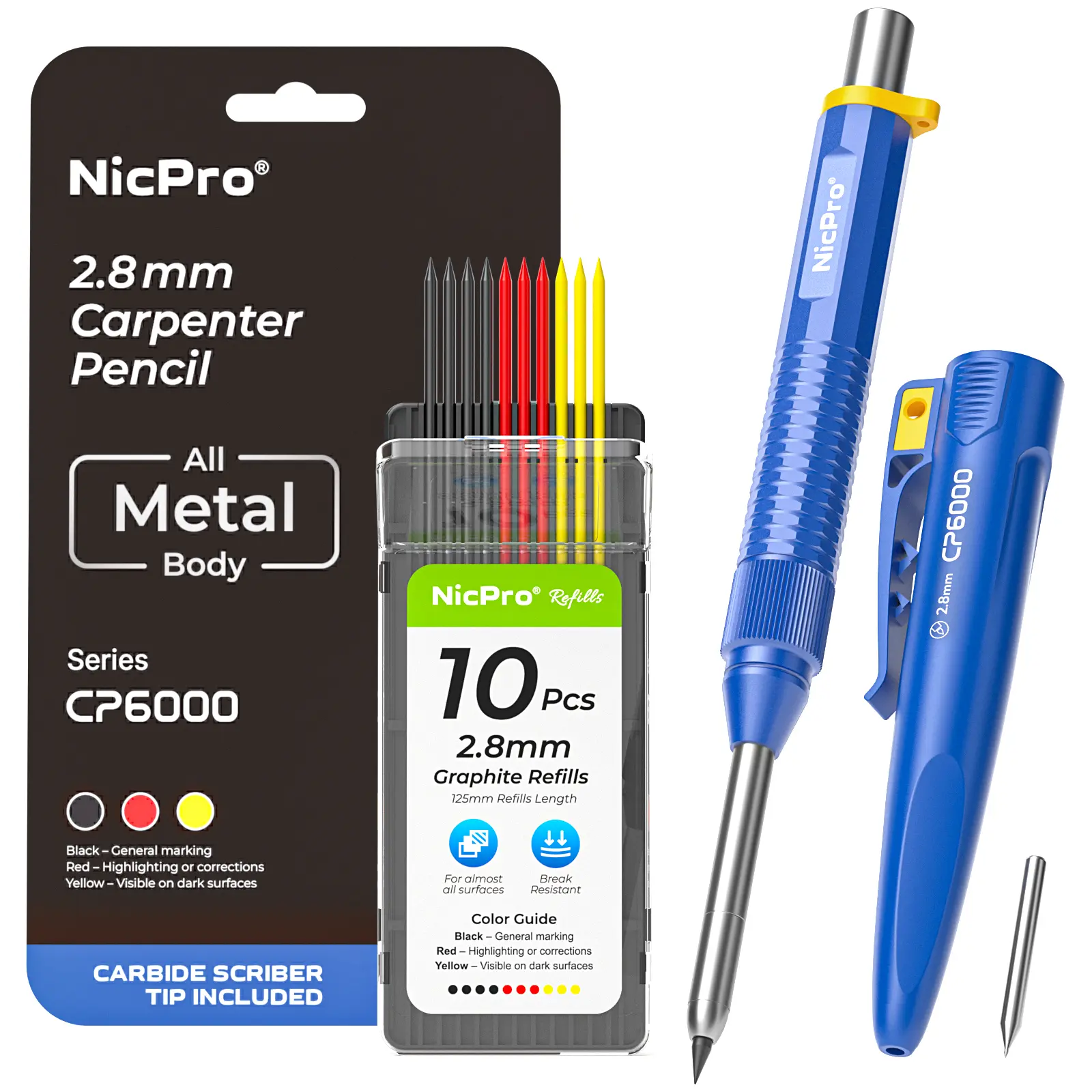 Nicpro 8-IN-1 CP6000 Metal Carpenter Pencil with Sharpener & Sheath, Heavy Duty Metal Body, Deep Hole Construction Pencil +10 Refill & Carbide Scriber Tip, Durable Woodworking Pencil for Marking
