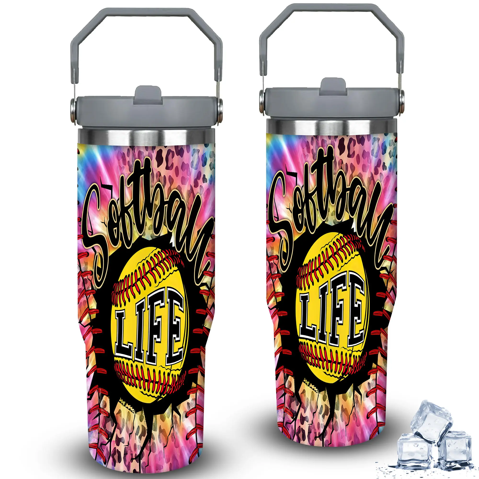 30oz Stainless Steel Softball-Themed Insulated Flask Tumbler - Portable Wide Mouth Drinkware with Flex-Handle, Straw, Lid & Ice Cube Compatibility, Ideal Gift for Softball Coaches, Flasks, Ice Cubes