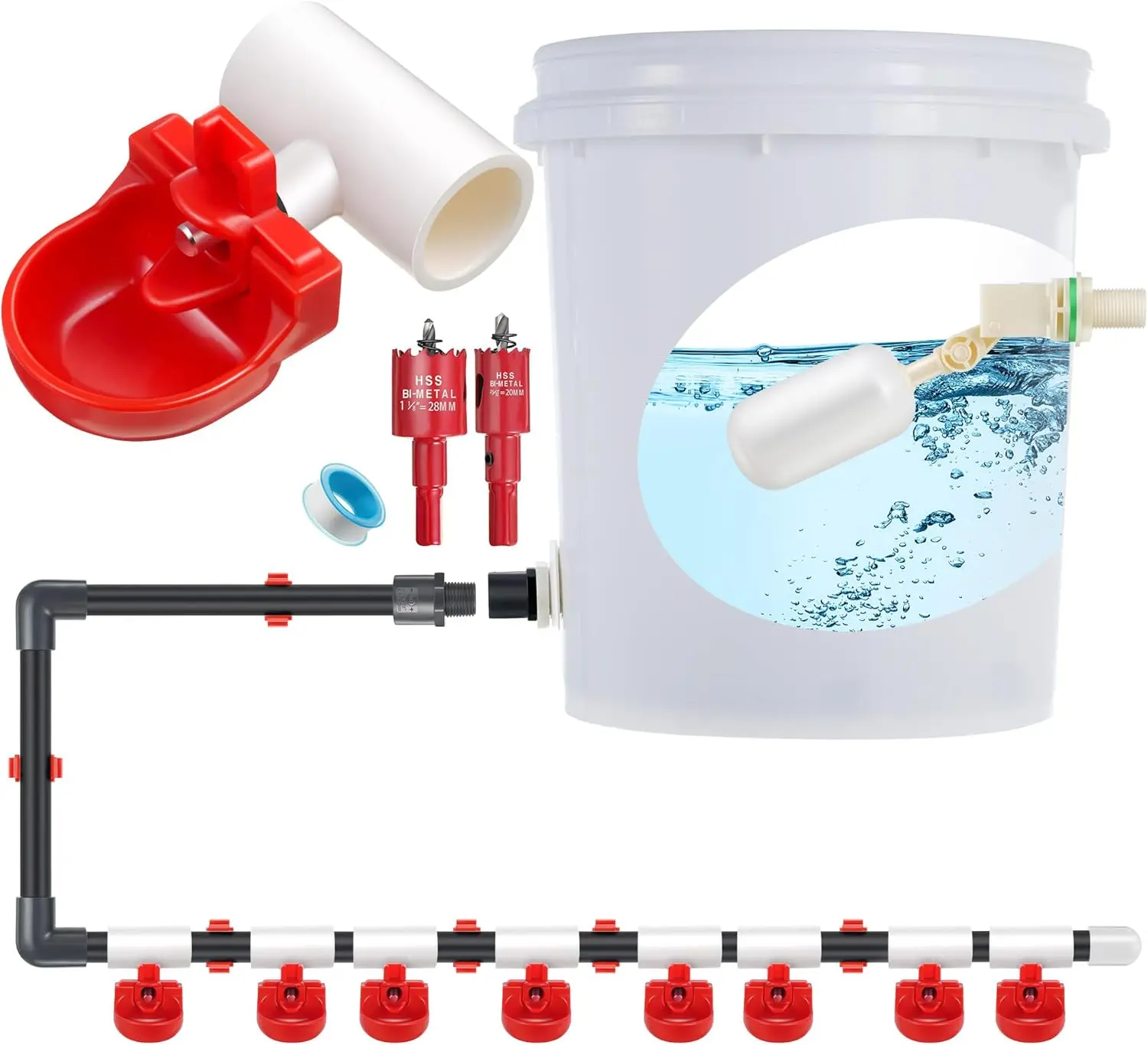 8 Pack Automatic Chicken Waterer, Complete Set with 1/2'' PVC Tee Fittings