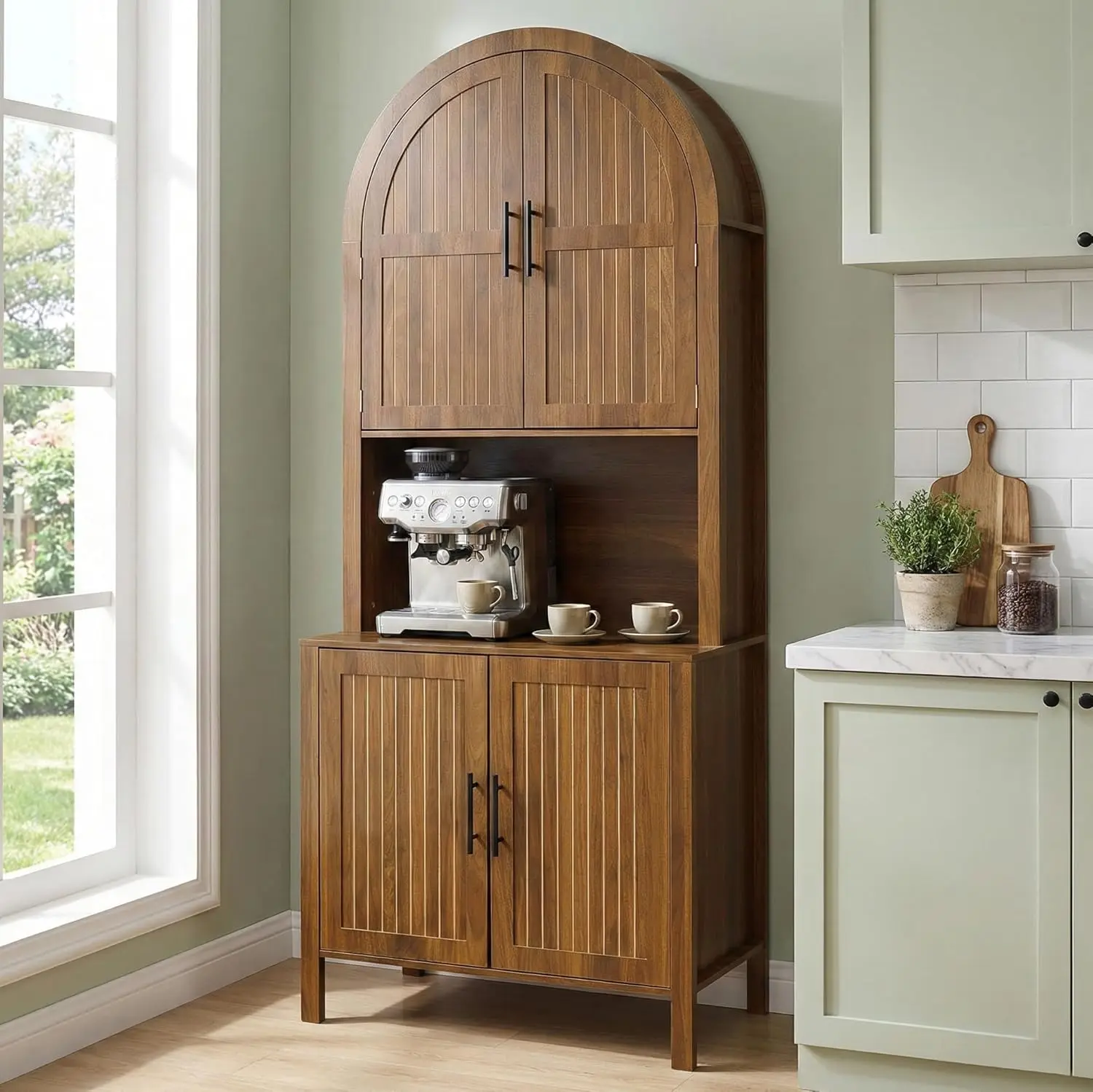 76 Inches Tall Arched Top Kitchen Pantry - Stable Modern Wood Storage Cabinet with Fluted Doors, Black Handles, Microwave Stand, Adjustable Shelves - Above 25 kg Buffet Sideboard for Dining Room, Living Room (Walnut), Large