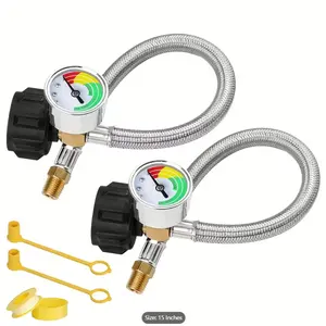 RV Propane Hose With Gauge, Stainless Steel Braided, 2 Tank Hoses for RV Two-Stage Regulator, 15 Inch (Packs of 2), 1/4" Male NPT & QCC 1 Inlet, 350PSI