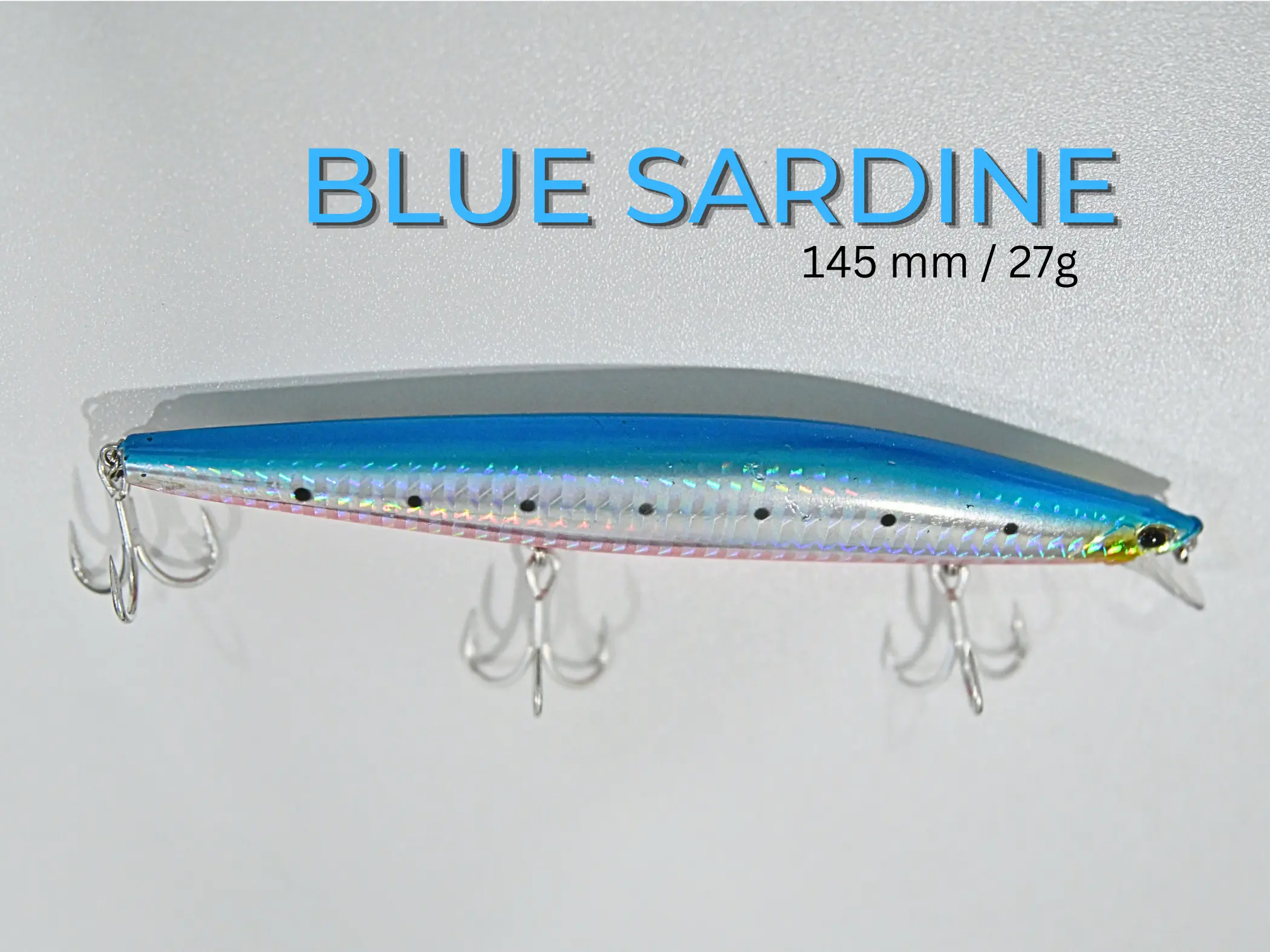 Blue Sardine, Ideal Lures for Barracuda and Jack Fishing 145 mm, 27 g sinking model with an internal piston system.