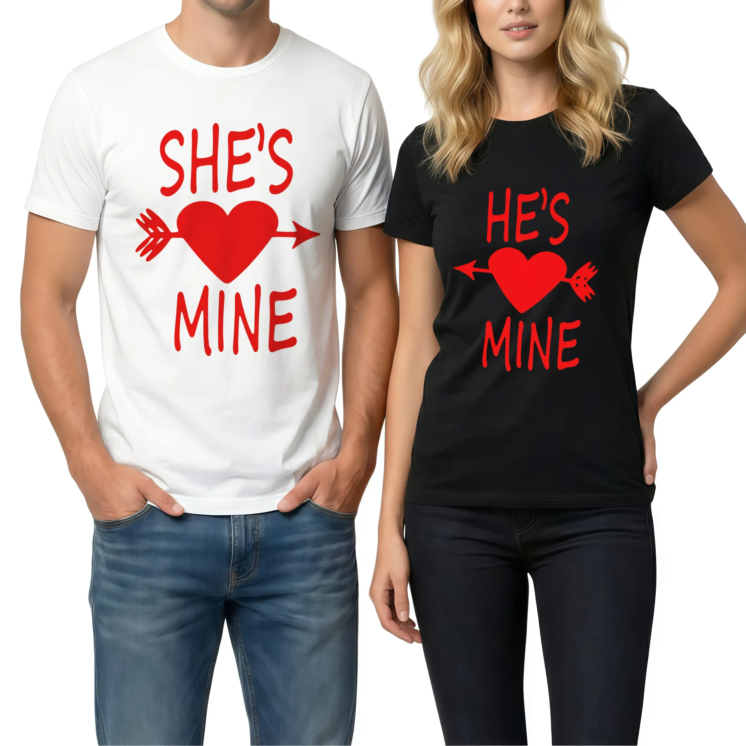 Graphic Tee A couple's short-sleeve T-shirts with "She's Mine" and "He's Mine" printed on them.Soft and comfortable crew neck casual T-shirts, perfect for spring and summer| Fashionable Casual Style| Smooth fabric couple T-shirt Valentine's Day gift (1 pi