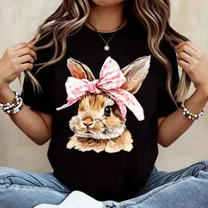 Adorable Bunny Print T Shirt Featuring Pink Bow Casual Top for Women Spring and Summer Wear Suitable for Easter