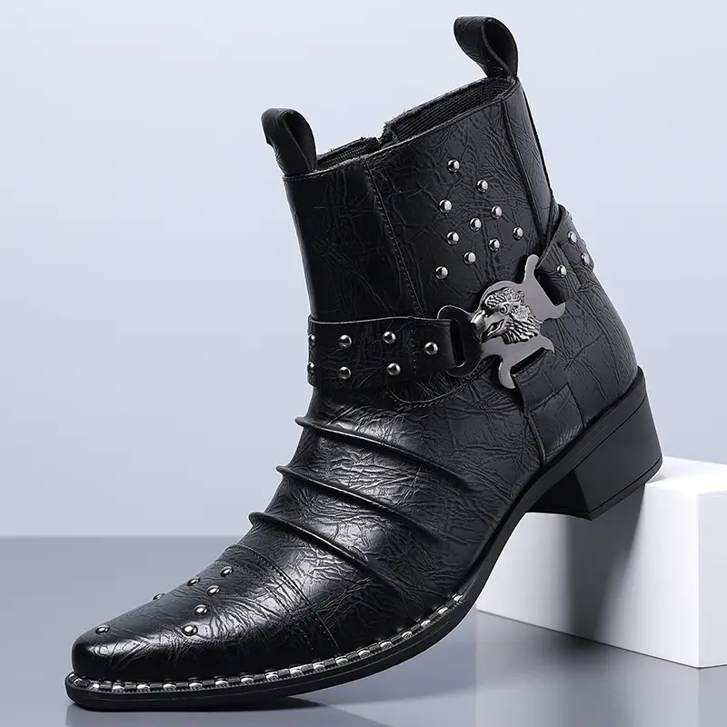 Men’s Classic Chelsea Boots - Fashionable PU Leather Footwear with Crinkled Finish, Stud Detailing, Metal Buckle, Slip-On Mid-Calf Men’s Shoes for 2 Key Occasions, All-Season Wear
