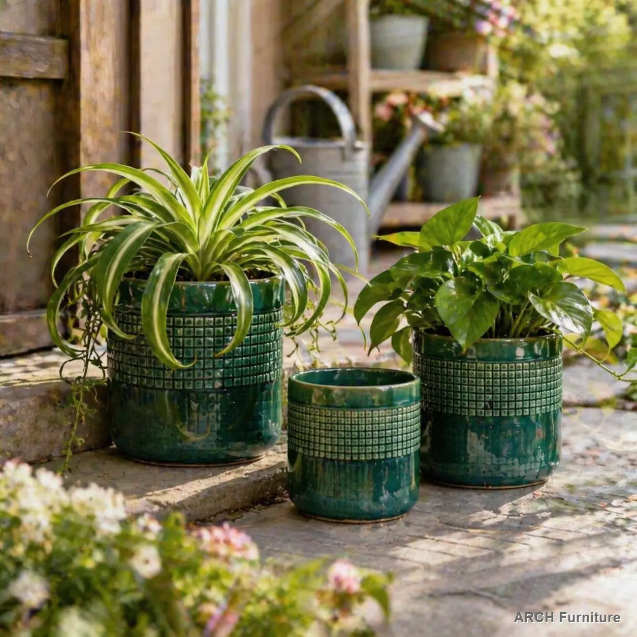 Handmade Green Glazed Ceramic Planter Set of 3, 10" 8" 6" Diameter, Square Grid Pattern, for Succulents & Herbs Indoor/Outdoor Shelf & Table Use, Breathable Clay with Drainage Holes RR, Handcrafted Sets, Planters For Outside, Outdoor Planters