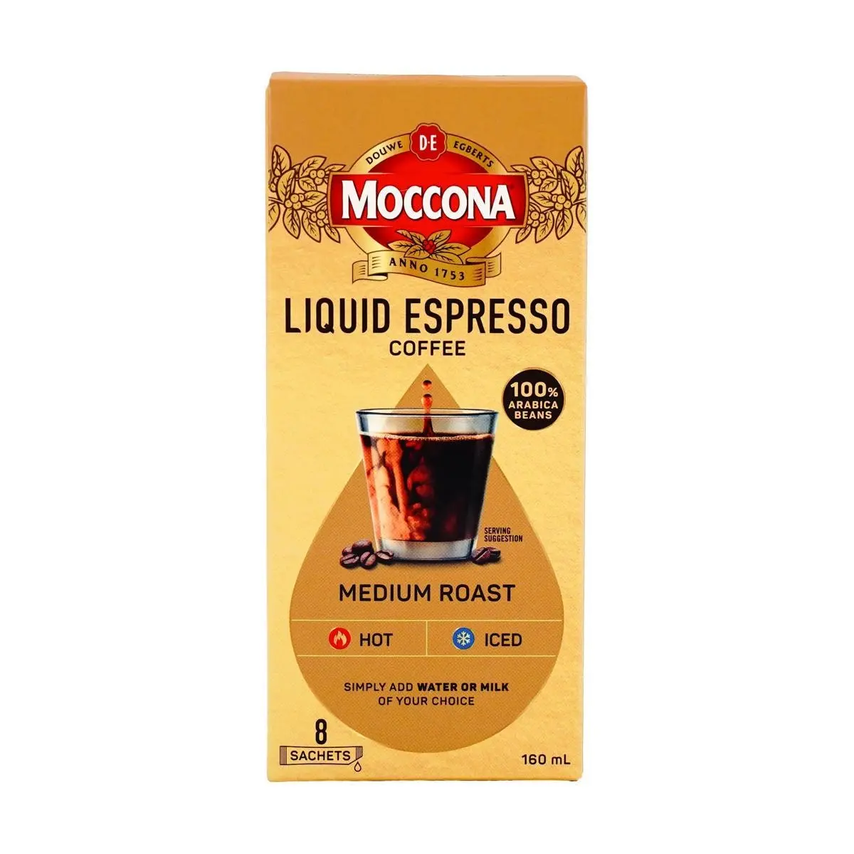 Moccona Medium Roast Concentrated Coffee Liquid - Smooth & Fruity Flavor, 8 Sachets (160ml) - Cold & Hot Brewable Instant Coffee