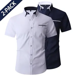 Men’s 2-Pack Color-Block Collar Short-Sleeve Dress Shirts, Wrinkle-Free Slim Fit, Business Casual Style with Color-Block Pockets