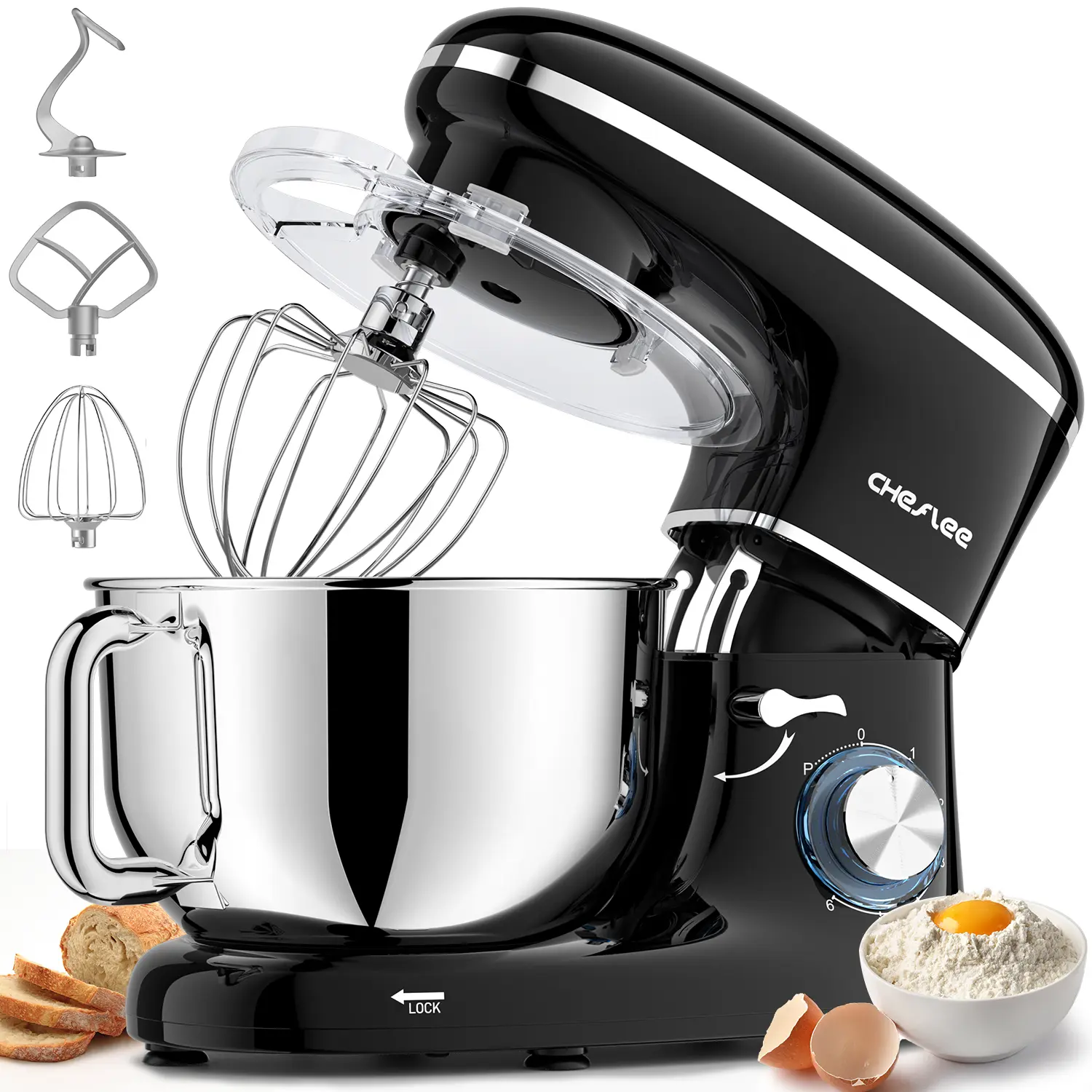 Cheflee 660W Electric Kitchen Stand Food Mixer, 6+P Speeds, 6.5QT Stainless Steel Bowl, Includes Dough Hook, Wire Whip, Beater, Ideal for Home Cooks,home essentials