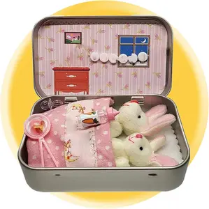 Bunny in a Tin, Little Pocket Bunny Decorative Boxes, Easter Basket Stuffer, Easter Gifts for Kids, DIY Pet Bunny Adoption, Easters Baskets Decorative Boxes,Rabbit Plush Toy in a Tin: Miniature Bed Set (Pink)
