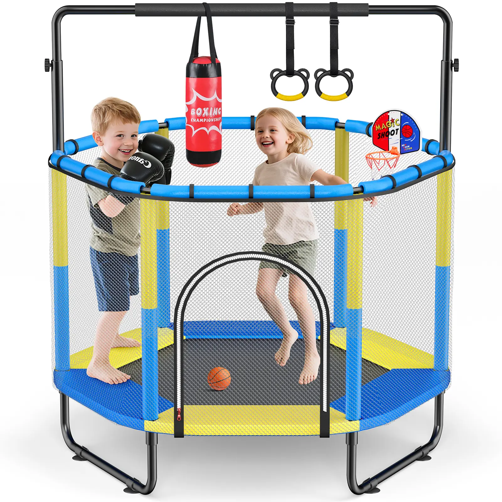 60" Trampoline for Kids with Net,  Toddler Trampoline Indoor Outdoor Playset with Basketball Hoop, Gymnastic Rings & Punching Bag, Kids Trampoline Toys for Boys Girls Ages 1-8